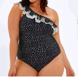 Summersalt Black and White Dot Ruffle Sidestroke One Piece.